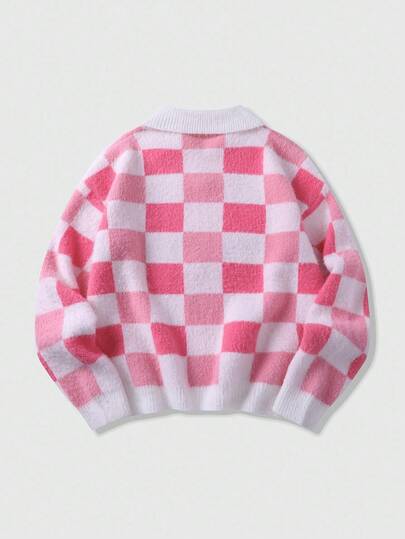 Street Life Men's Checkerboard Embroidery Pattern Loose Cropped Long Sleeve Sweater