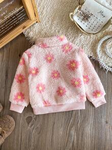 SHEIN 女婴加厚连帽拉链夹克，可爱花卉印花，秋冬