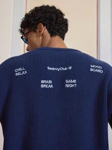 SWAVVY Men's Fashion Loose Fit Embroidered Crew Neck Long Sleeve Sweater, Fall Winter