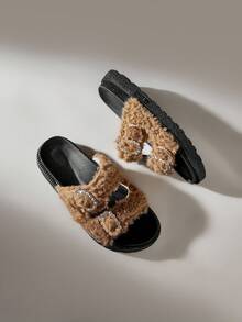 Solecia 女式搭扣设计毛绒厚底复古拖鞋 - 棕色 - 查看 6