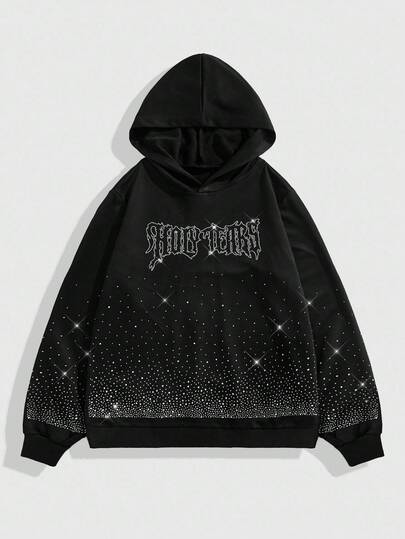Street Life Sudadera negra con diamantes brillantes para hombre, estilo holgado y corto, para otoño