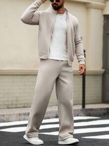 Manfinity Homme Men's Casual Solid Color Jacket And Pants Set, Fall Clothes, Cozy Outfits - Apricot - View 4