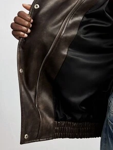 Maija 2025 Autumn/Winter High Collar Asymmetric Placket Loose Drop Shoulder Coffee Brown PU Jacket, Suitable For Modern Urban Early Autumn Back To School Season, Autumn, Winter New Year, Brown Jacket,Classic And Wearable, Old-Money Style, Understated And Chic - Coffee Brown - View 9