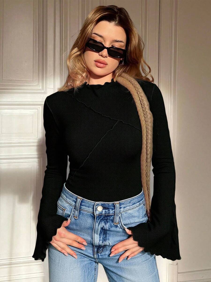 Siren Gaze 女士简约纯色长袖蕾丝 T 恤 - 黑色 - 查看 1