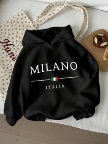 SHEIN MILANO, Tween Girls' Casual Long Sleeve Hooded Thick Sweatshirt, Suitable For Autumn/Winter - Black - View 2
