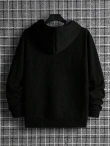 EURMUSE 100%Cotton Men Letter Graphic Pocket Drawstring Thermal Hoodie - Black - View 2
