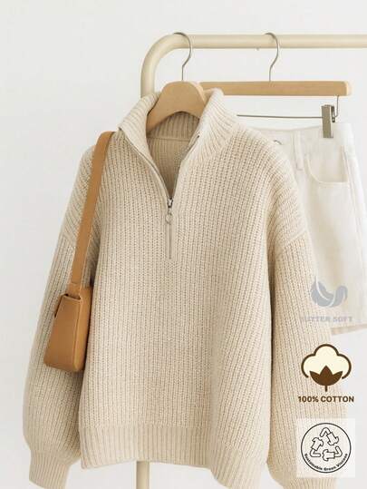 EURMUSE Plus Size Soft Knit Half Zip Sweater Women – Cozy Casual Fall Fashionable Long Sleeve Pullover With Zipper Collar, Minimalist Solid Color Oversize Knitwear Top, Lightweight Ribbed Knit Jumper For Autumn & Winter Layering