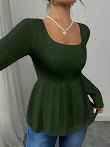 Elenzga Women's Casual Solid Color Waist Cinched Sweater - Green - View 7