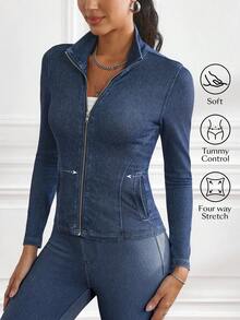 Flexra Áo khoác denim dáng ôm, giặt thường ngày, có khóa kéo phía trước dành cho nữ - Rửa tối - Xem 3