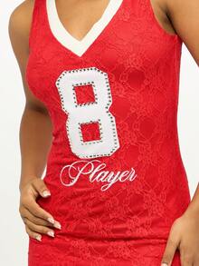 SUMWON WOMEN Red Lace Mini Dress With Varsity Number Eight Design Crystal Rhinestone Detail Jersey Style V-Neck Bodycon Club Special Events Night Out Party Statement Dress - Red - View 6