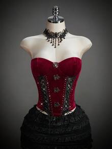 SHEIN ICON Top sexy gotic din dantelă pentru femei, potrivit pentru petrecerea de Halloween, inspirat de vampiri, culoare roșu și negru, corset burlesc gotic roșu și negru - Negru - Vizualizare 4