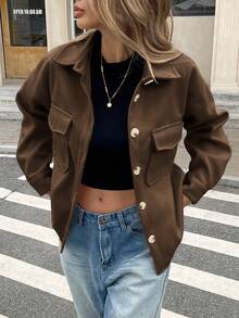 SHEIN Frenchy 纯色前口袋纽扣休闲长袖外套，秋冬 - 摩卡棕 - 查看 5