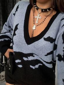 Whyspr Grunge Punk Women's V-Neck Punk Long Sleeve Purple Jacquard Plus Size Bat Design Loose Pullover Sweater, Suitable For Halloween, Autumn/Winter - Multicolor - View 6