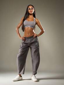 Missguided x Playboy Relaxed Barrel Leg Sweatpants With Logo Print Casual Jogging Pants Wide Leg Trousers - Dark Grey - View 4