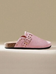 Solecia 女士时尚粉色铆钉经典穆勒平底鞋，百搭日常穿着和街头万圣节圣诞节秋季