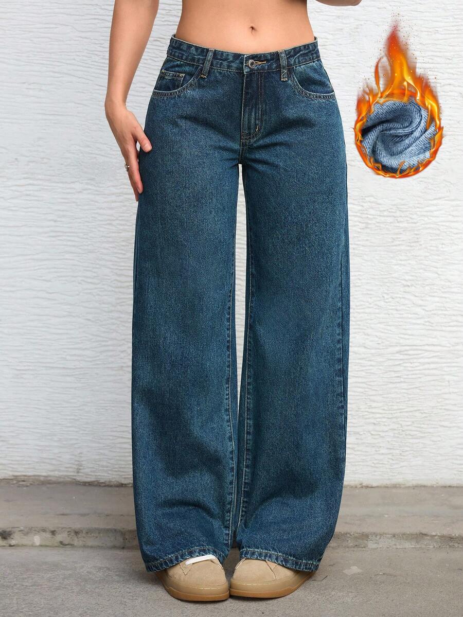 Flexra Quần jean ống rộng thời trang Y2K có lót túi dành cho nữ cỡ lớn - Màu xanh lam - Xem 1