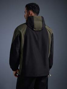 Men's Letter Graphic Color Block Drawstring Hooded Jacket, Casual For Autumn - Black - View 2
