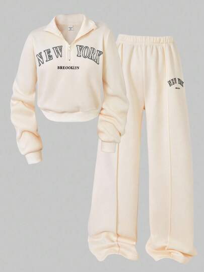 SHEIN ChillGRL Tween Girls 2 件套，纽约字母图案立领运动衫和短裤，休闲装，适合春秋冬季