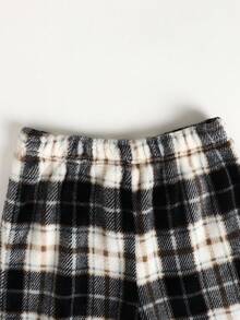 Tween Girl Loose Casual Minimalist Comfortable Round Neck Long Sleeve Fleece Top & Plaid Pants Pajama Set - Black and White - View 7