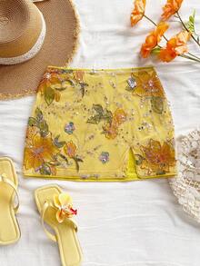 Soleia 派对外出波西米亚风连衣裙休闲亮片半身裙女士优雅亮片花卉刺绣A字裙，夏季 - 黃色 - 查看 5