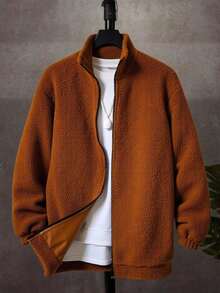 SHEIN 青少年男童基础款休闲舒适多功能保暖立领加厚绒羽绒服，秋冬季服装，棕色 - 咖啡棕 - 查看 1