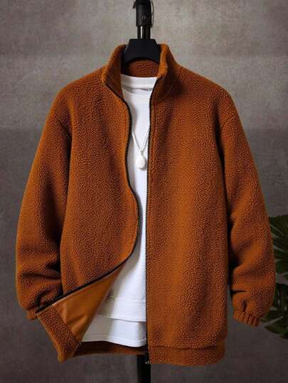 SHEIN Teens Boys' Basic Casual Comfortable Versatile Thermal Lined Stand Collar Thick Plush Puffer Jacket Fall Autumn And Winter Clothes Brown Color