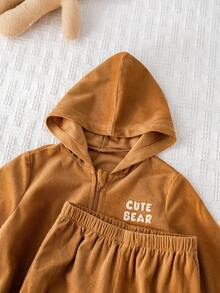 Cozy Pixies 2pcs Baby Boy Cartoon Bear Hooded Long Sleeve Pullover Jacket And Elastic Waist Long Pants Set Fall Winter - Brown - View 5