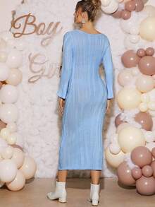 Loomaby Elegant Maternity Solid Color Open Neck Tie Front Flare Sleeve Fitted Sweater Dress,Gender Reveal Dress,Maternity Dress, Baby Shower Dressblue Maternity Dress - Blue - View 2