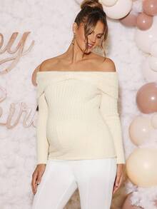 Loomaby Maternity Solid Color Twist Knot Off Shoulder Ribbed Long Sleeve Sweater - Apricot - View 5