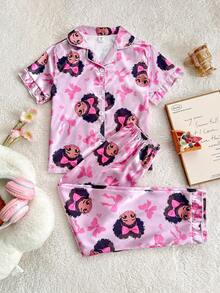 SHEIN 女童仿丝花卉印花荷叶边袖上衣和长裤睡衣套装 - 紫色 - 查看 1