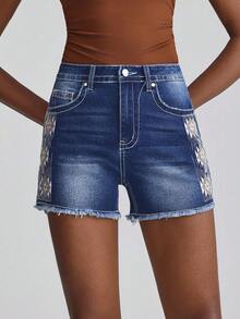 Slaydiva Casual Versatile Embroidered Distressed Denim Shorts For Women - Blue - View 7