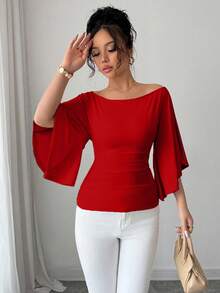 Elenzga Elegant Off Shoulder Bell Sleeve Solid Color T-Shirt For Women, Suitable For Commuting - Red - View 4