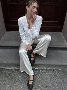 Pariaura Casual Versatile Solid Color Hollow Embroidery Lace-Up Shirt