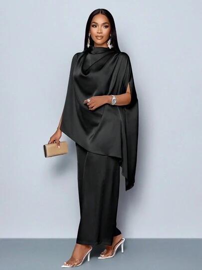 SOLERSUN 女士时尚纯色优雅立领时尚精致蝙蝠袖缎面不对称下摆衬衫和直腿优雅长裤套装