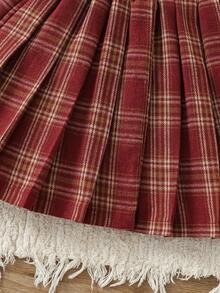 SHEIN 女童蝴蝶结提花针织套头衫，复古宽松柔软针织毛衣，红色格子百褶裙，适合万圣节、圣诞节、返校季