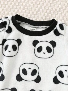 SHEIN 2件套男婴保暖熊猫图案卫衣和裤子睡衣套装，舒适时尚，适合日常休闲穿着，秋冬季宝宝熊猫睡衣，婴儿抓绒睡衣，婴儿睡衣套装，熊猫宝宝服装秋季款 - 白色 - 查看 4
