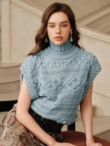 Savoree Classic Solid Color Rhinestone Embellished Turtleneck Knit Sweater Vest, Suitable For Fall, Autumn, Winter, Elegant, Chic, New Year, Casual, Christmas, Luxury