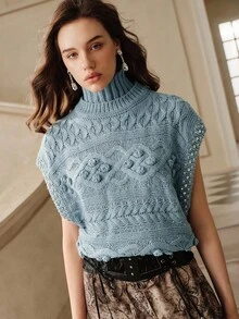 Savoree Classic Solid Color Rhinestone Embellished Turtleneck Knit Sweater Vest, Suitable For Fall, Autumn, Winter, Elegant, Chic, New Year, Casual, Christmas, Luxury