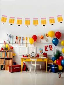 Decoración de corona de bienvenida al regreso a la escuela con pancarta colgante brillante y colorida con detalles de lápiz, manzana y pompones para fiesta escolar el primer día de regreso a clases - Multicolor - Ver 2