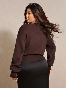 Elaquor Suéter de cárdigan elegante con cuello en V cruzado de unicolor para tallas grandes en otoño/invierno - Café integral - Ver 2