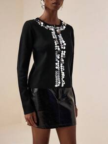 Vesra Women's Round Neck Long Sleeve Jacket With Metal Zipper, Sequin & Shiny Trim, Thin Cardigan Fall Winter Cloth For Women - Multicolor - View 5