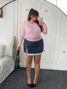 CovetEZ Plus Size Women's Solid Color See-Through Crew Neck Long Sleeve Top - Pink - View 9