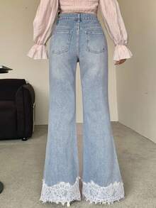 Joudiya Quần Jeans Ống Loe Ôm Dáng Quyến Rũ Cho Nữ, Quần Thường Ngày Có Viền Ren Rỗng, Họa Tiết Hoa Thêu Chắp Vá - Rửa nhẹ - Xem 4