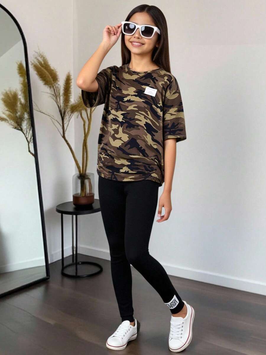 SHEIN Tween Girl Casual Street Style Camouflage Pattern Loose Oversize Letter English Slogan Crew Neck Short Sleeve T-Shirt And Fitted Leggings 2 Pieces Set - Army Green - View 1