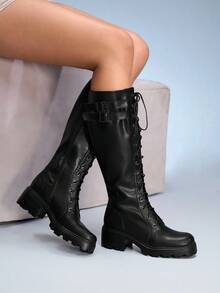 CUCCOO GRLICON 女士圆头摩托车风格及膝系带靴，适合万圣节、圣诞节、Y2K 服装、派对、约会、鲨鱼靴、黑色秋冬靴 - 黑色 - 查看 6