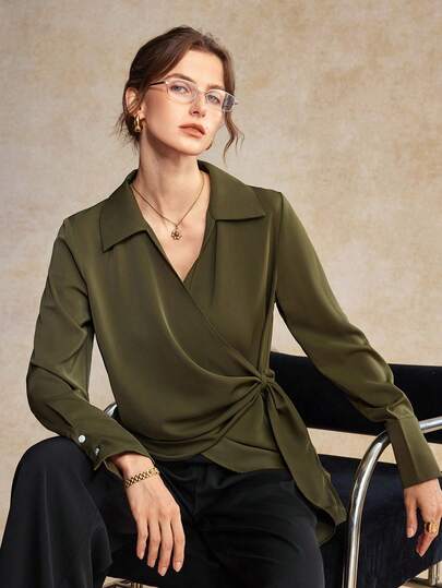 House of One Solid Twisted Front Collared Long Shirt Women Summer Autumn Casual Blouse