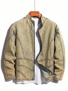 Manfinity Homme Men's Acid Wash Casual Loose Band Collar Denim Jacket With Zipper Front, Autumn, Fall - Brown - View 7