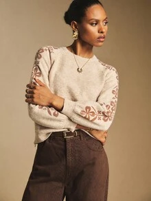 Poéselle 女式休闲植物图案插肩袖套头衫，秋冬 - 卡其色 - 查看 1