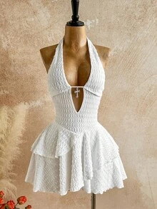 Soleia 性感 V 领交叉装饰镂空露背纹理面料多层不对称下摆迷你连衣裙，适合派对、圣诞节、约会、夜总会、海滩、游轮、下午茶、波西米亚风、波西米亚风、度假、秋季女装、复古 - 白色 - 查看 3
