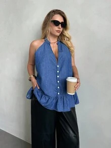 SHEIN Privé 大码女式夏季无扣V领无袖牛仔衬衫 - 中等水洗藍 - 查看 6